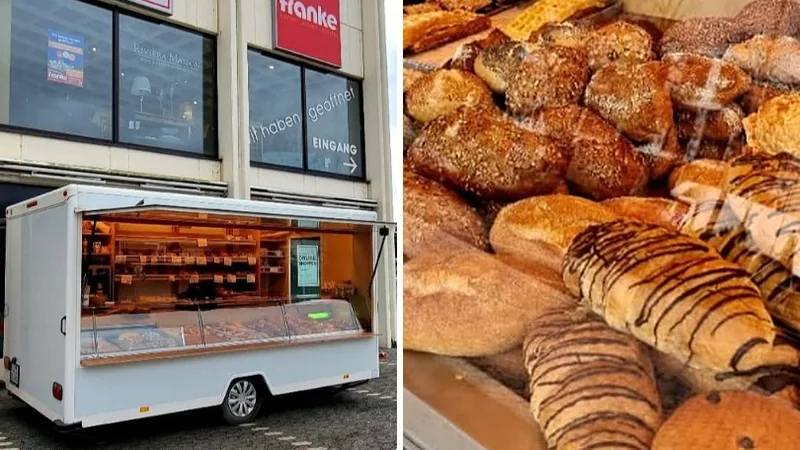 Unser Verkaufswagen vor dem Einrichtungshaus Franke in Ahrweiler und frische Brote und Teilchen in der Auslage